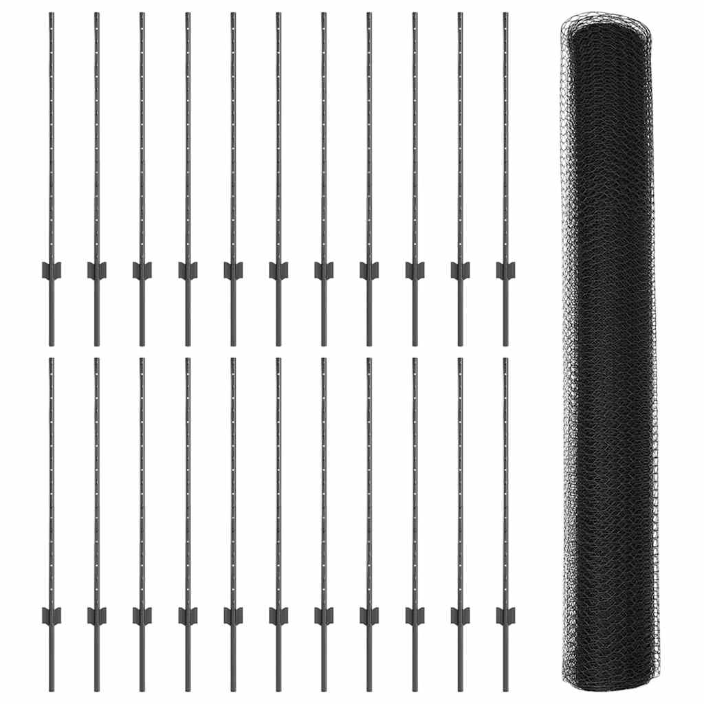 Εξαγωνική Φράχτη με Στύλο 50 x 1 m PVC-Επικαλυμμένο Ατσάλι Γκρι