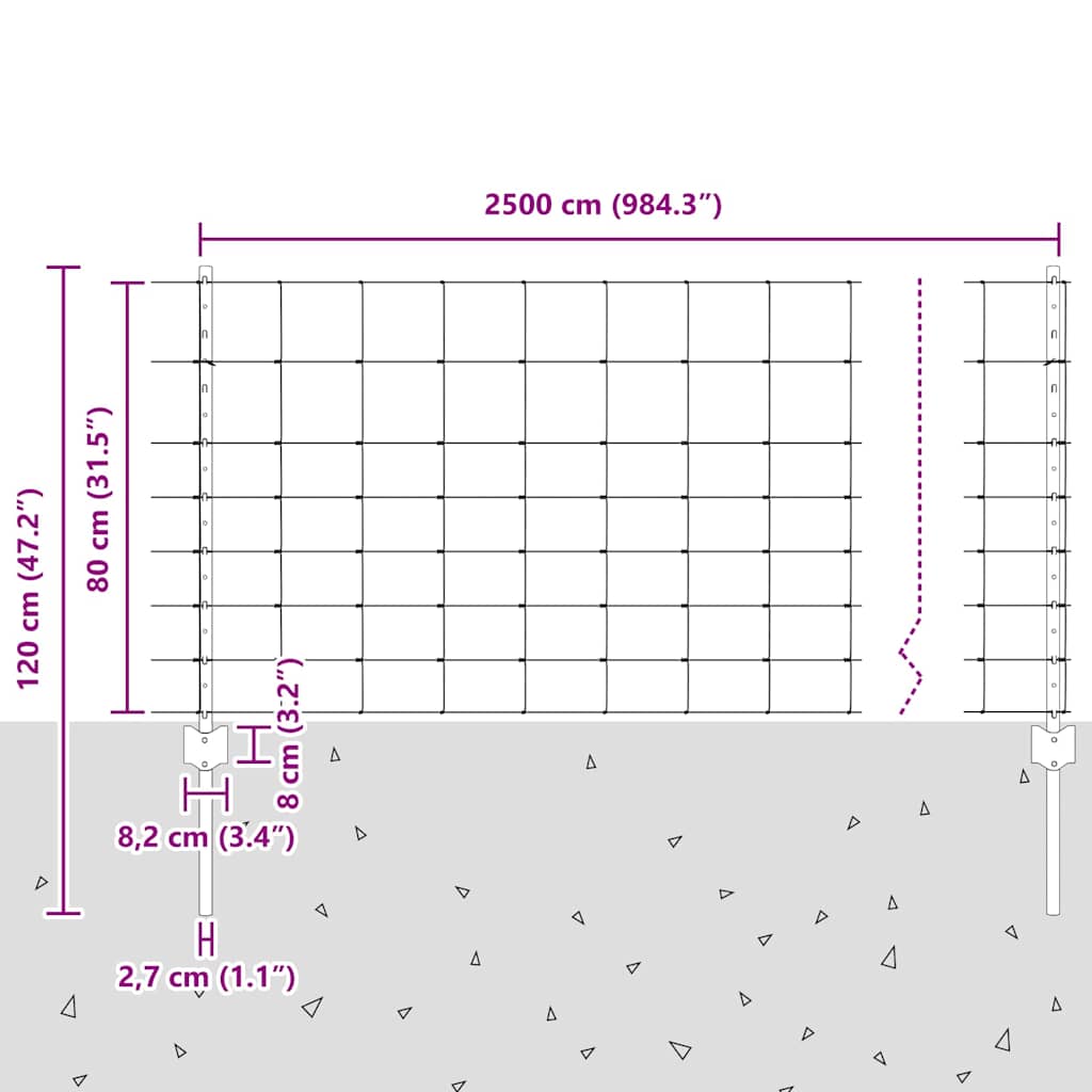 Εξωτερική άγρια περίφραξη με στήλες 25 x 0,8 m Ασημί Δίχτυ