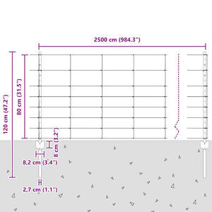 Εξωτερική άγρια περίφραξη με στήλες 25 x 0,8 m Ασημί Δίχτυ