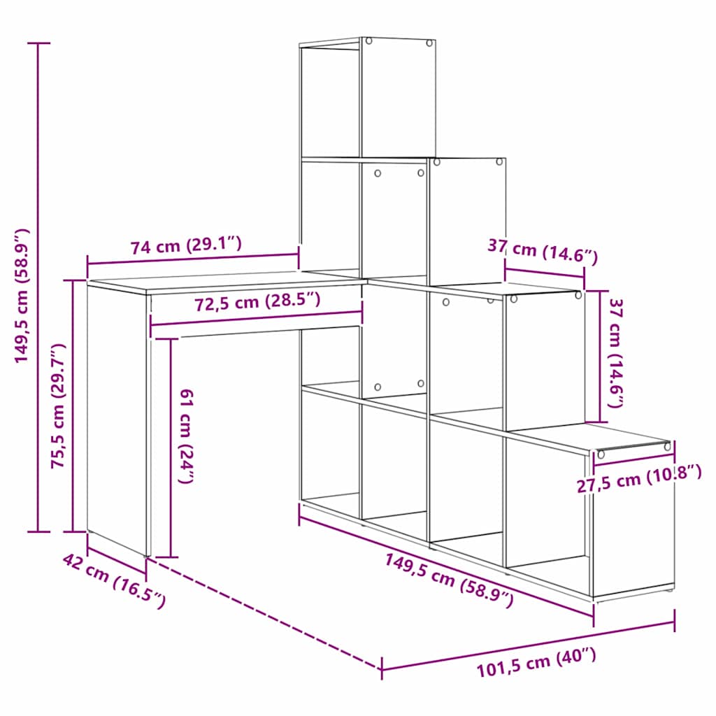 Γωνιακό γραφείο με ράφι Γκρίζο Σονομα 101,5 x 149,5 x 149,5 εκ.