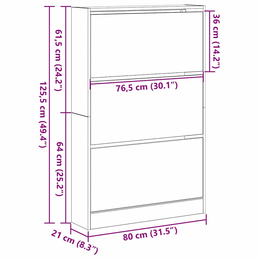 Ντουλάπα Παπουτσιών με ράφι Μαύρη Οξυά 80 x 21 x 125,5 cm