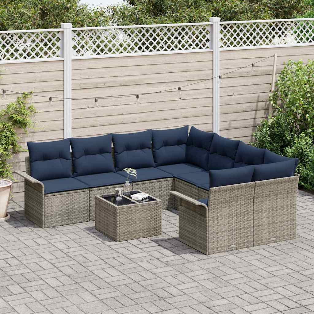 Σετ Καναπέ Κήπου 9 pcs Γκρι και Navy Blue συνθετικό ρατάν - Pakobazaar