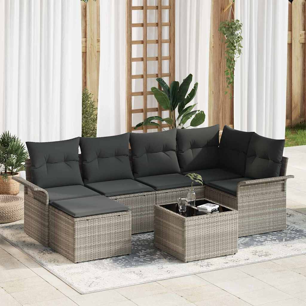 Σετ Καναπέ Κήπου με μαξιλάρι 7 pcs Ανοιχτό γκρι Πολυ ράταν
