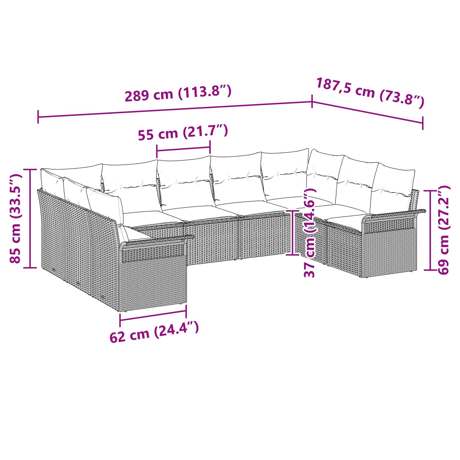 Σετ Καναπέ Κήπου με μαξιλάρι 9 pcs Γκρι συνθετικό ρατάν - Pakobazaar