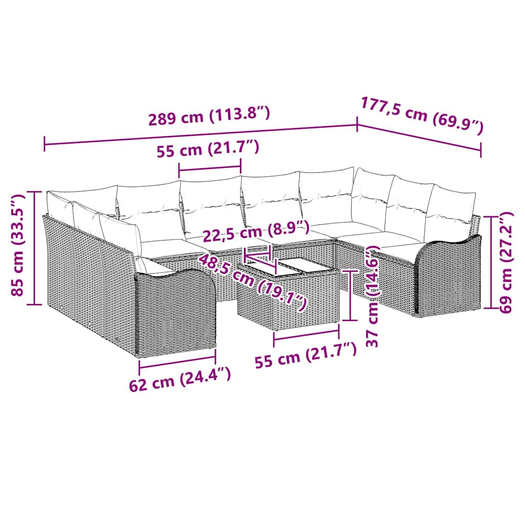Σετ Καναπέ Κήπου με μαξιλάρι 10 pcs Γκρι Πολυ ράταν