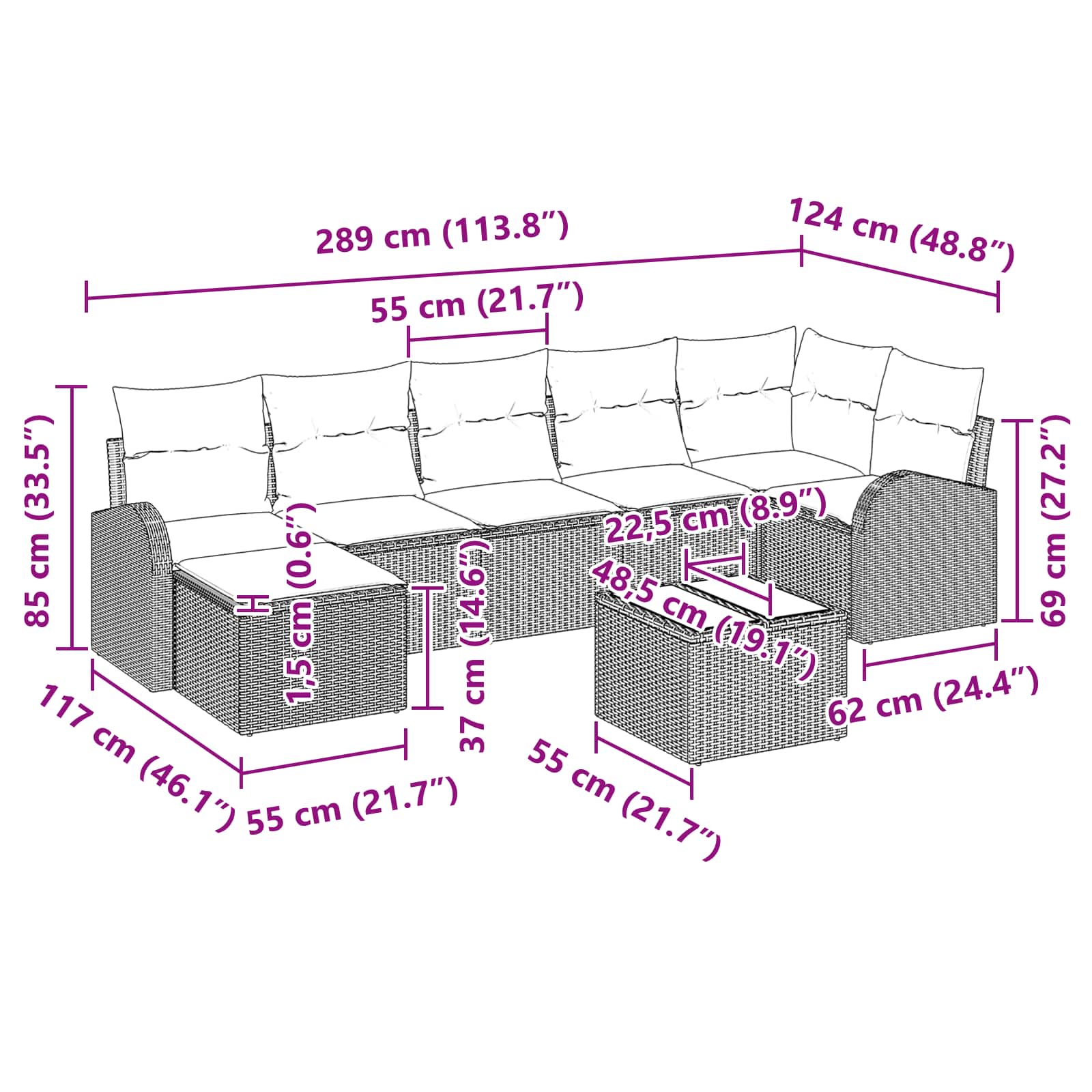 Σετ Καναπέ Κήπου με μαξιλάρι 8 pcs Καφέ Πολυ Ρατάν - Pakobazaar