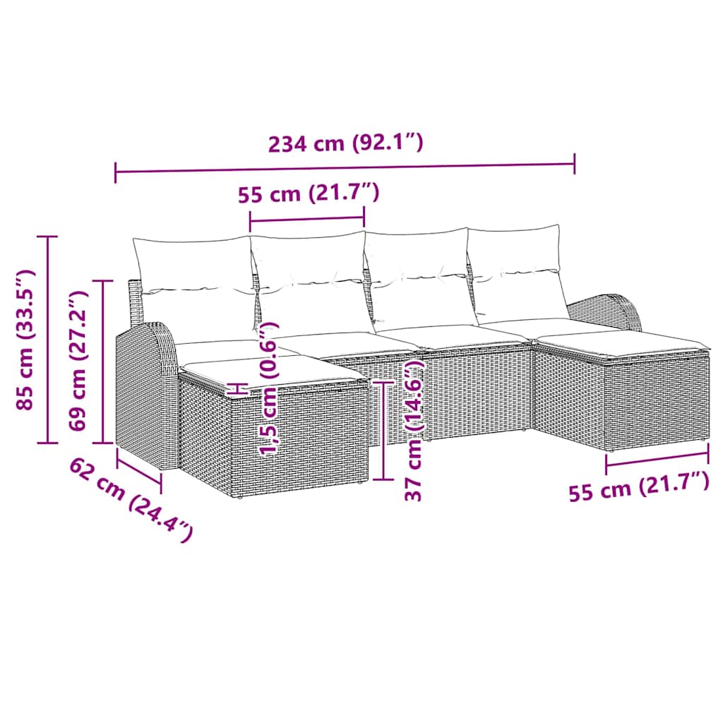 Σετ Καναπέ Κήπου με μαξιλάρι 6 pcs Μαύρο Πολυ Ρατάν