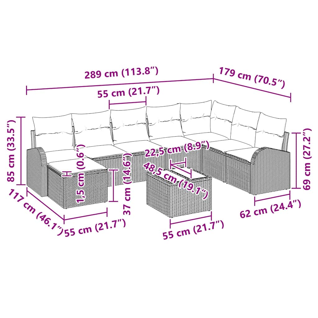 Σετ Καναπέ Κήπου με μαξιλάρι 9 pcs Καφέ Πολυ ράταν