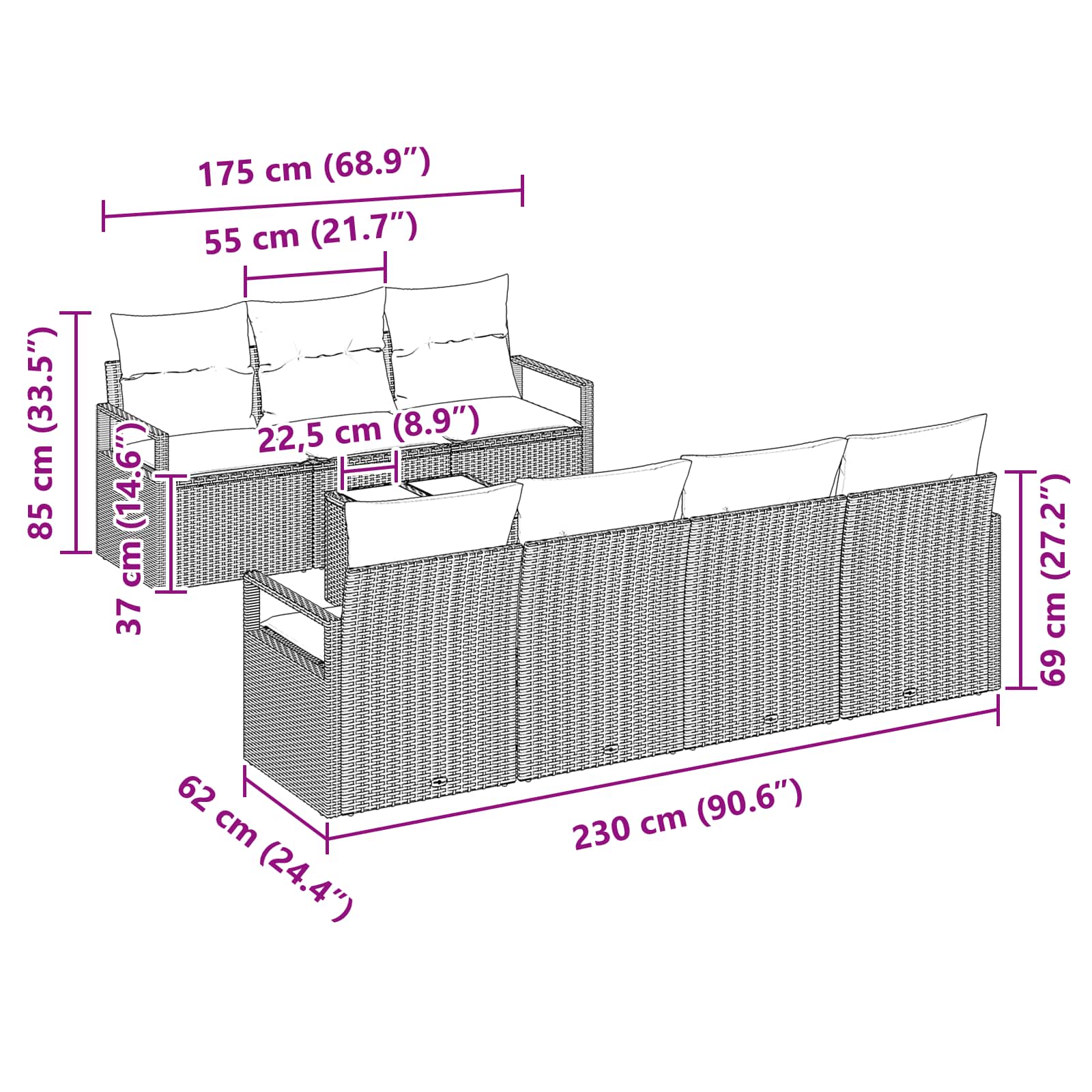Σετ Καναπέ με μαξιλάρι 8 pcs Μαύρο και Τυρκουάζ συνθετικό ρατάν - Pakobazaar