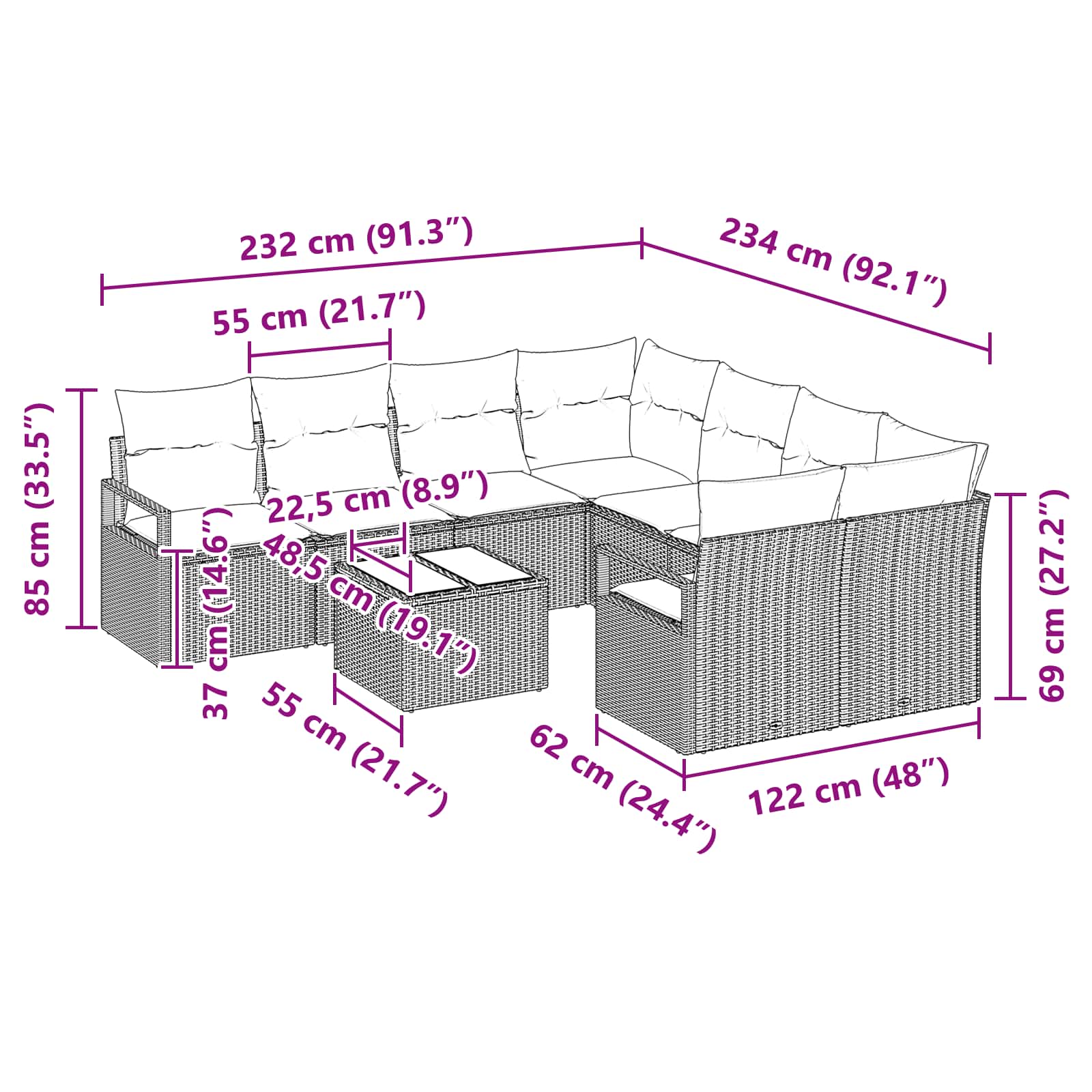 Σετ Καναπέ με μαξιλάρι 9 pcs Γκρι και Ναυτικό συνθετικό ρατάν - Pakobazaar