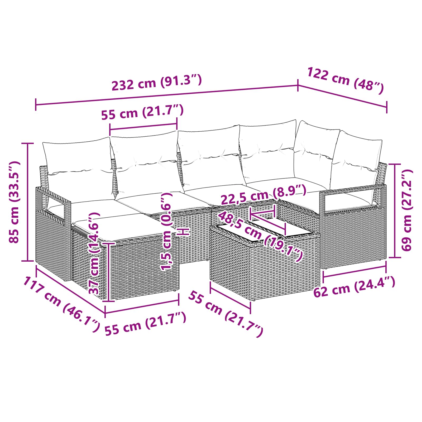 Σετ Καναπέ με μαξιλάρι 7 pcs Γκρι συνθετικό ρατάν - Pakobazaar