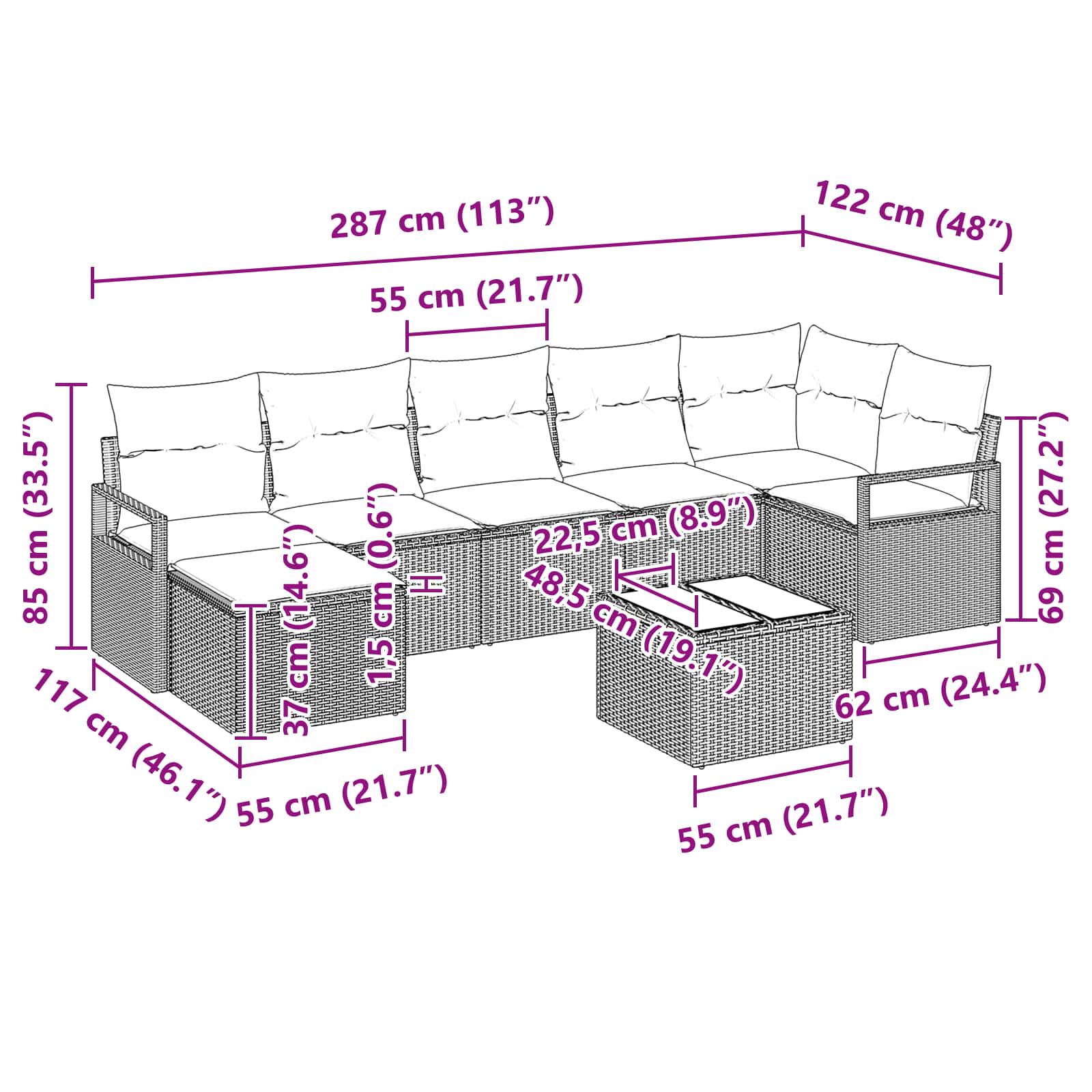 Σετ Καναπέ με μαξιλάρι 8 pcs Γκρι συνθετικό ρατάν - Pakobazaar