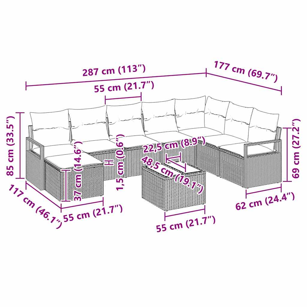 Σετ Καναπέ με μαξιλάρι 9 pcs Μαύρο συνθετικό ρατάν - Pakobazaar