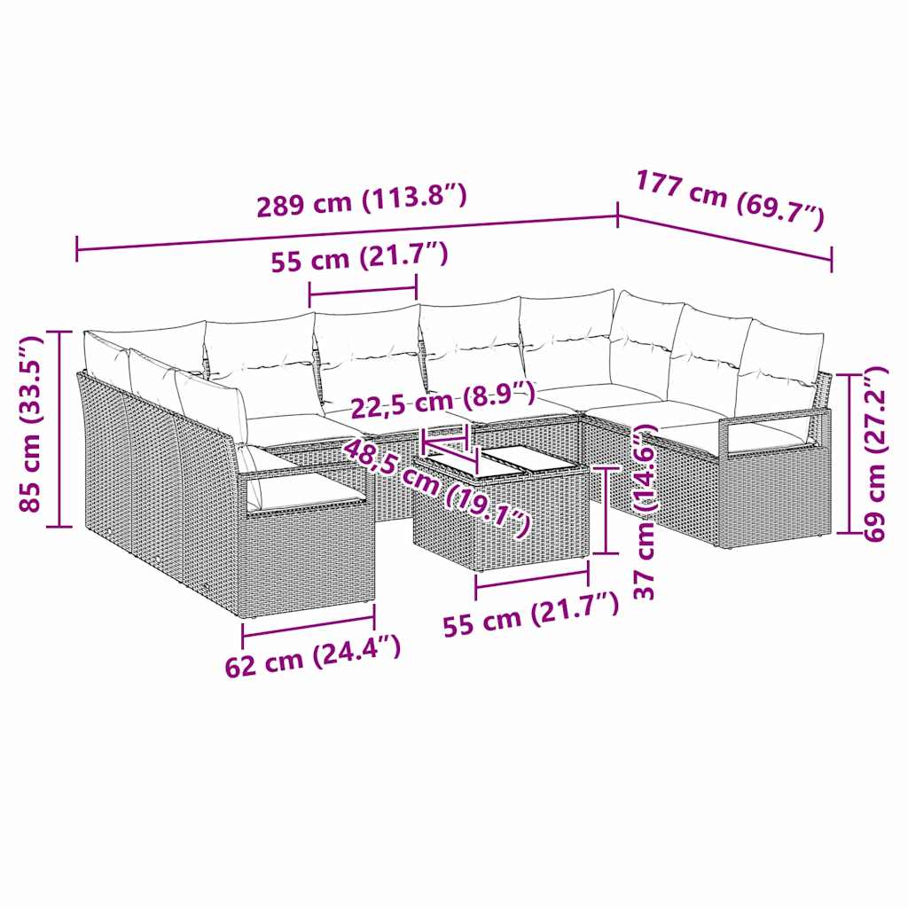 Σετ Καναπέ με μαξιλάρι 10 pcs Μπεζ συνθετικό ρατάν