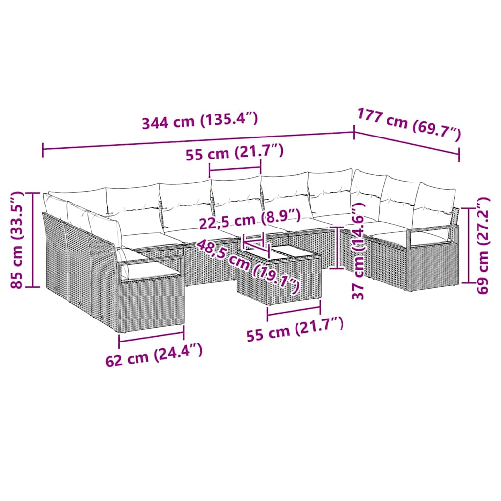Σετ Καναπέ με μαξιλάρι 11 pcs Καφέ συνθετικό ρατάν
