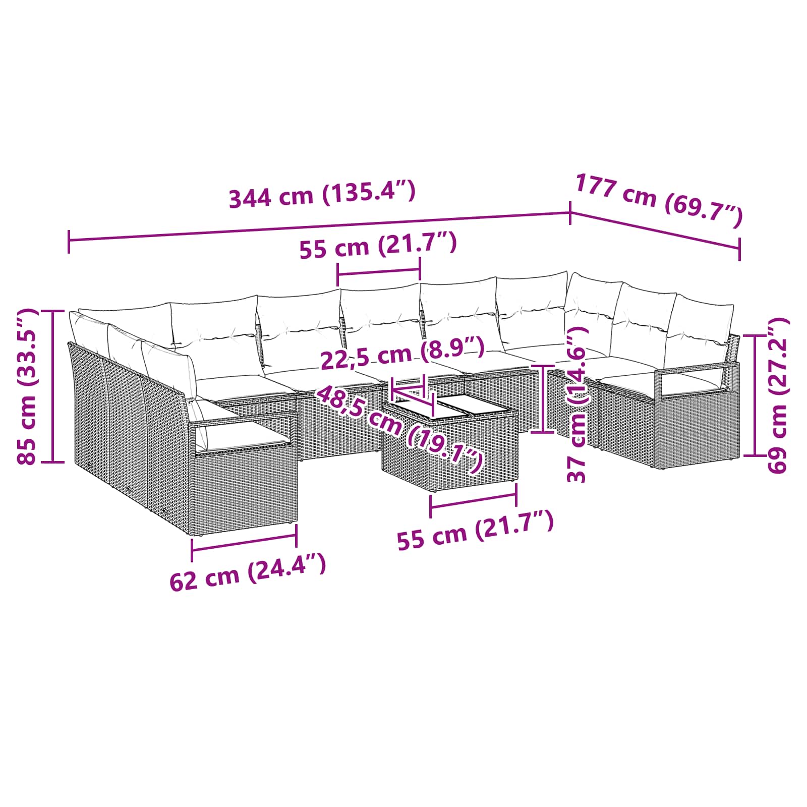 Σετ Καναπέ με μαξιλάρι 11 pcs Γκρι συνθετικό ρατάν - Pakobazaar