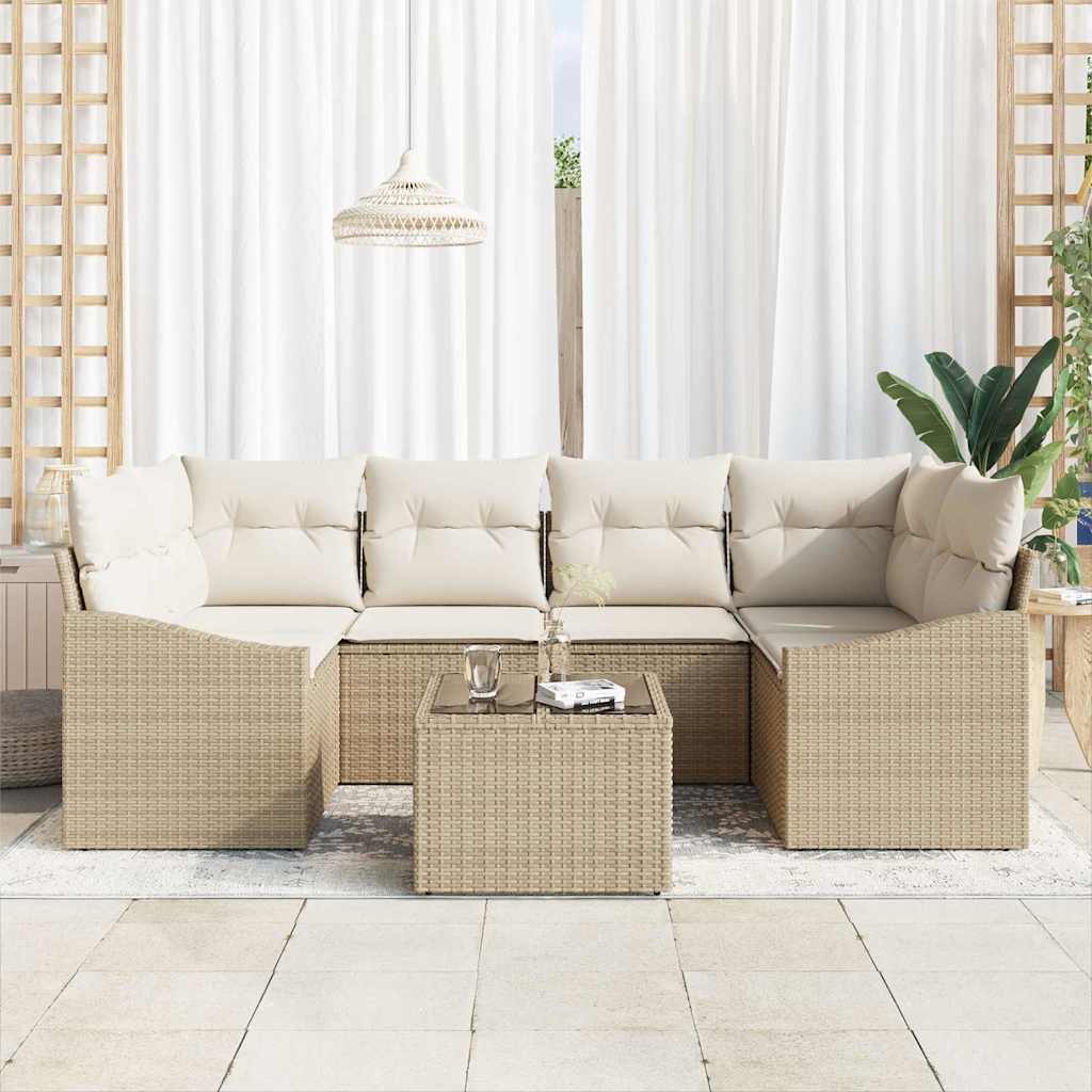 Σετ Καναπέ με μαξιλάρι 7 pcs Μπεζ και Κρέμα συνθετικό ρατάν