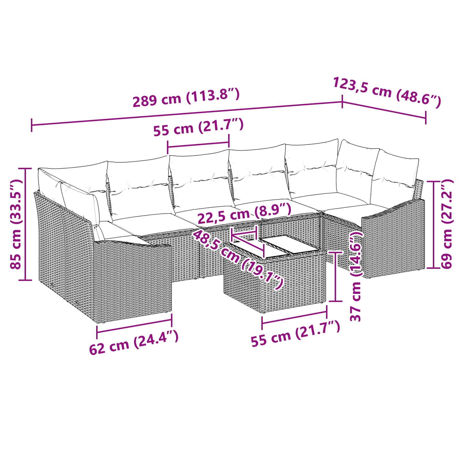 Σετ Καναπέ με μαξιλάρι 8 pcs Μαύρο και Τυρκουάζ συνθετικό ρατάν - Pakobazaar