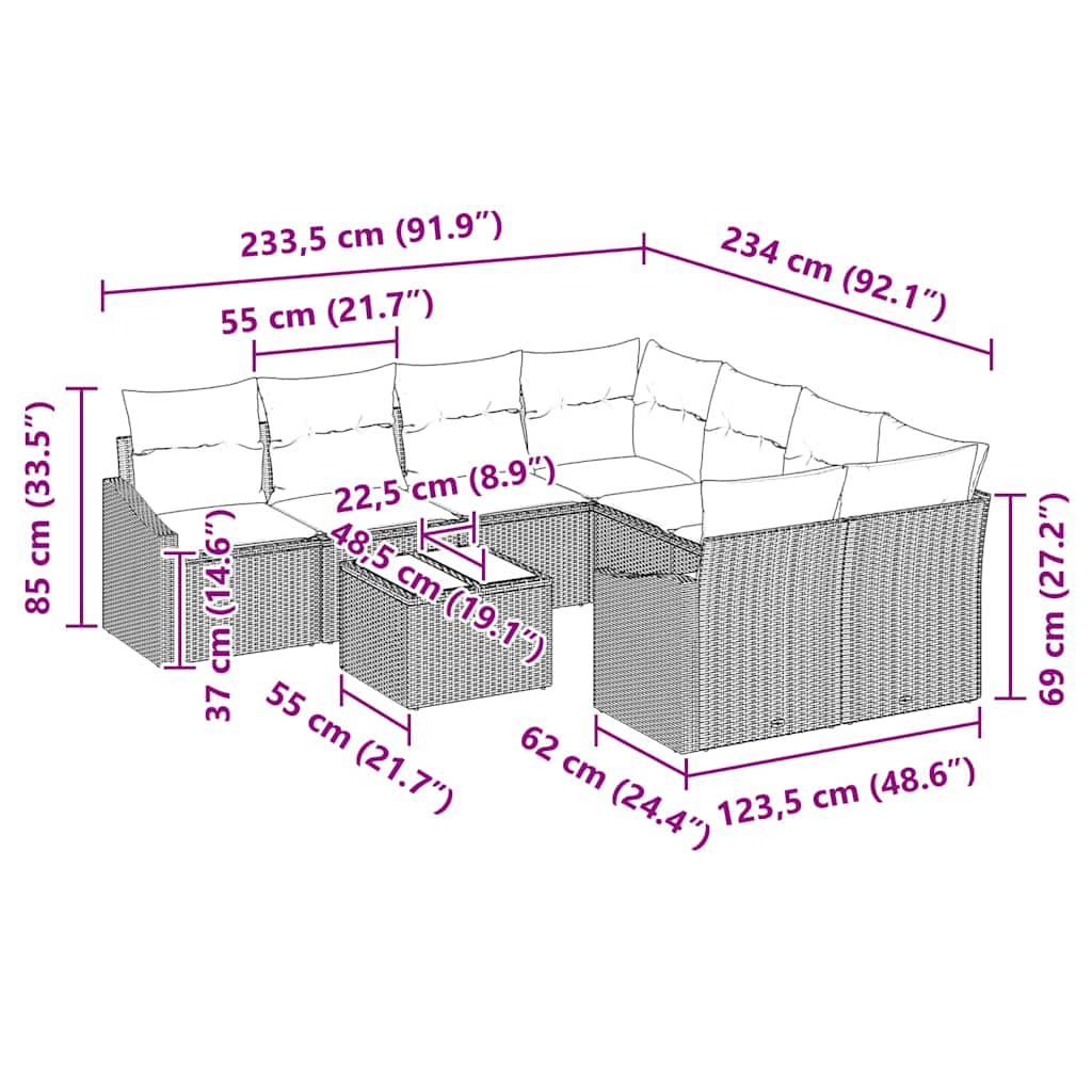 Σετ Καναπέ με μαξιλάρι με μαξιλάρι 9 pcs Μαύρο συνθετικό ρατάν - Pakobazaar