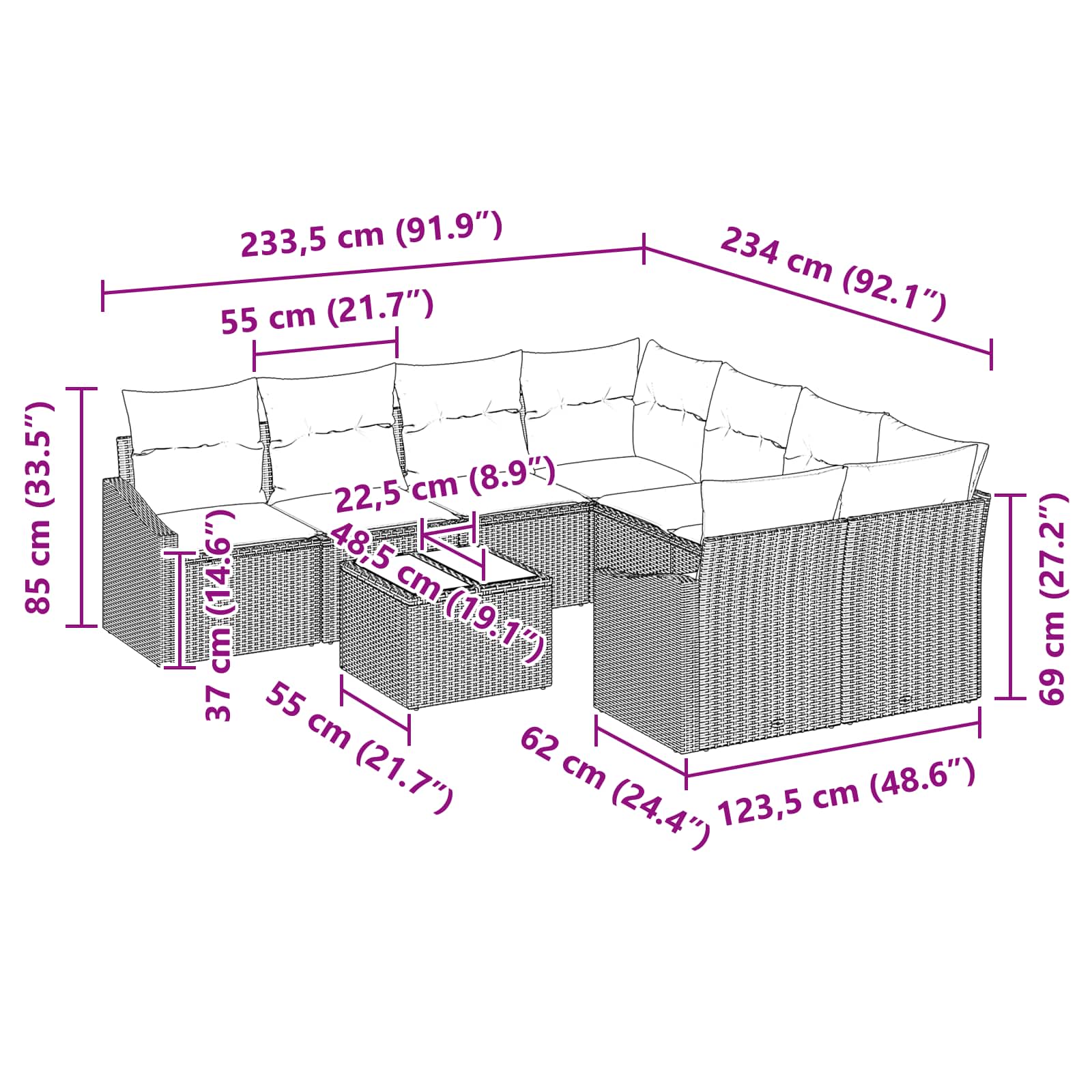 Σετ Καναπέ με μαξιλάρι 9 pcs Μαύρο και Τυρκουάζ συνθετικό ρατάν - Pakobazaar