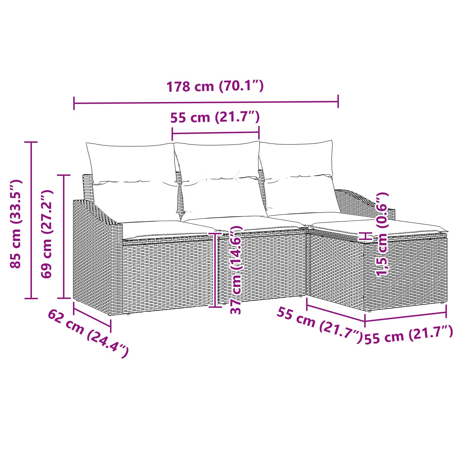 Σετ Καναπέ με μαξιλάρι 4 pcs Μαύρο συνθετικό ρατάν - Pakobazaar