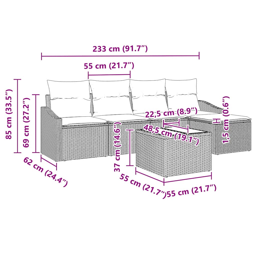 Σετ Καναπέ με μαξιλάρι 6 pcs Μαύρο συνθετικό ρατάν