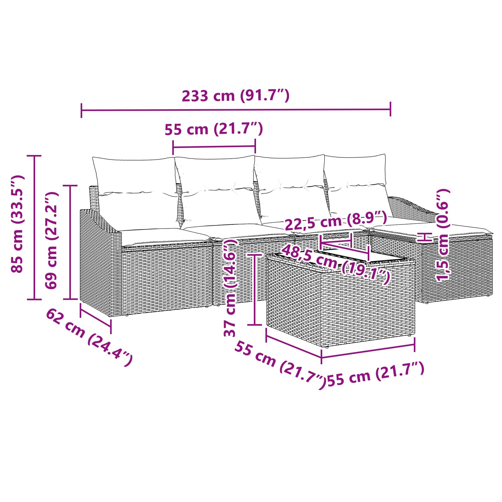 Σετ Καναπέ με μαξιλάρι 6 pcs Μαύρο συνθετικό ρατάν - Pakobazaar