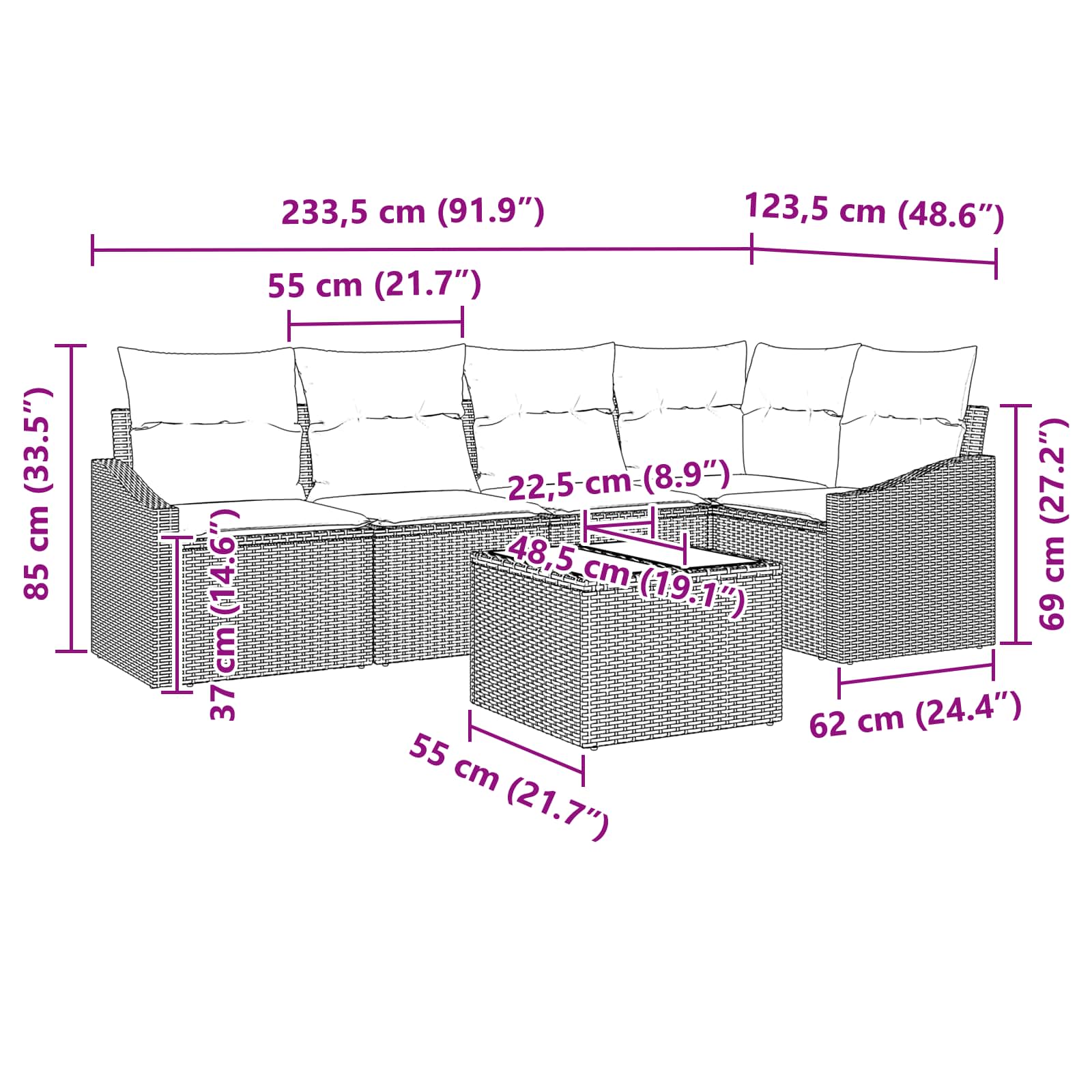 Σετ Καναπέ με μαξιλάρι 6 pcs Μαύρο συνθετικό ρατάν - Pakobazaar