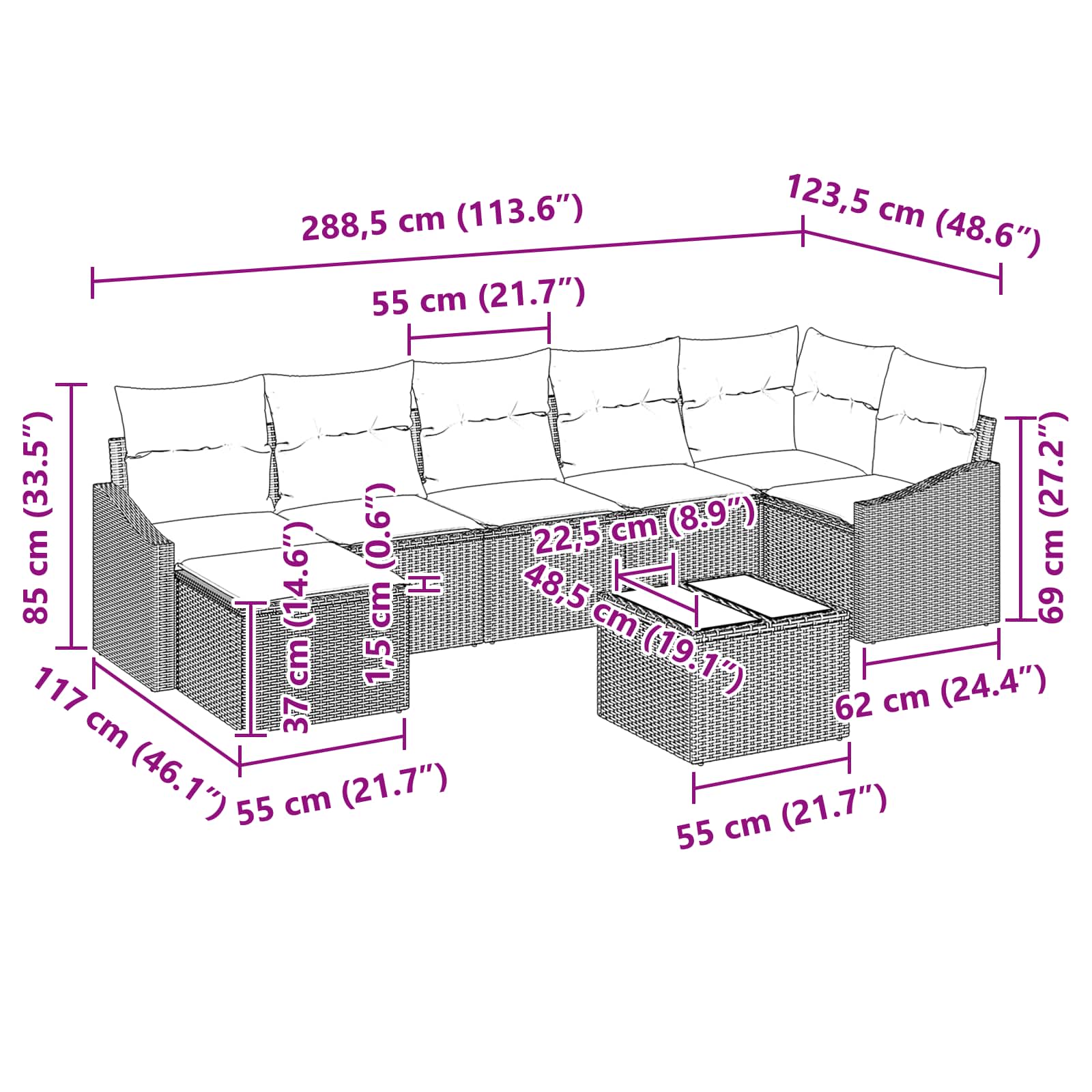Σετ Καναπέ με μαξιλάρι 8 pcs Μαύρο συνθετικό ρατάν - Pakobazaar