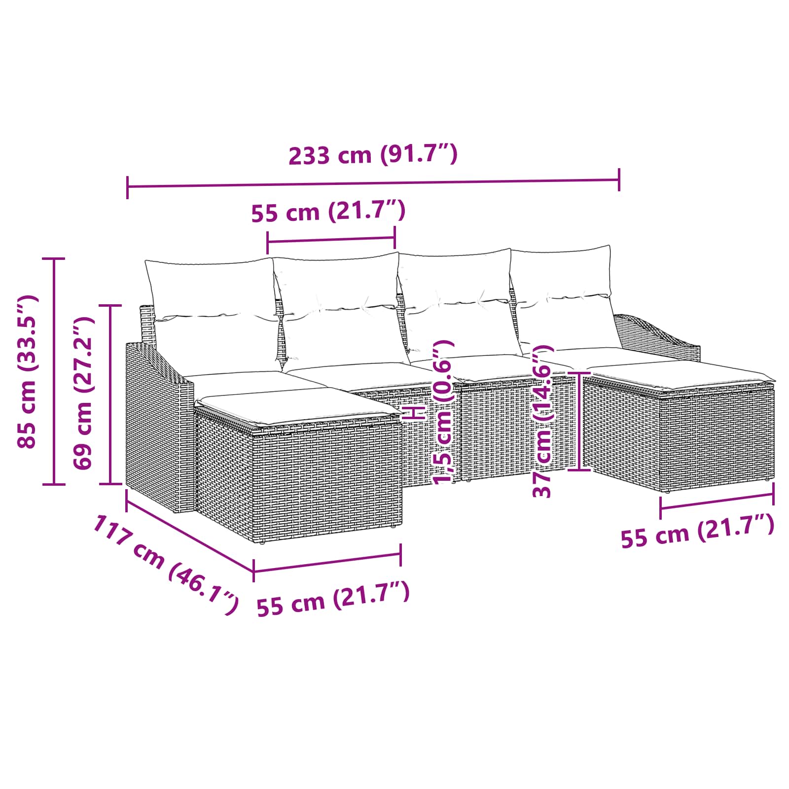 Σετ Καναπέ με μαξιλάρι 6 pcs Μαύρο συνθετικό ρατάν - Pakobazaar