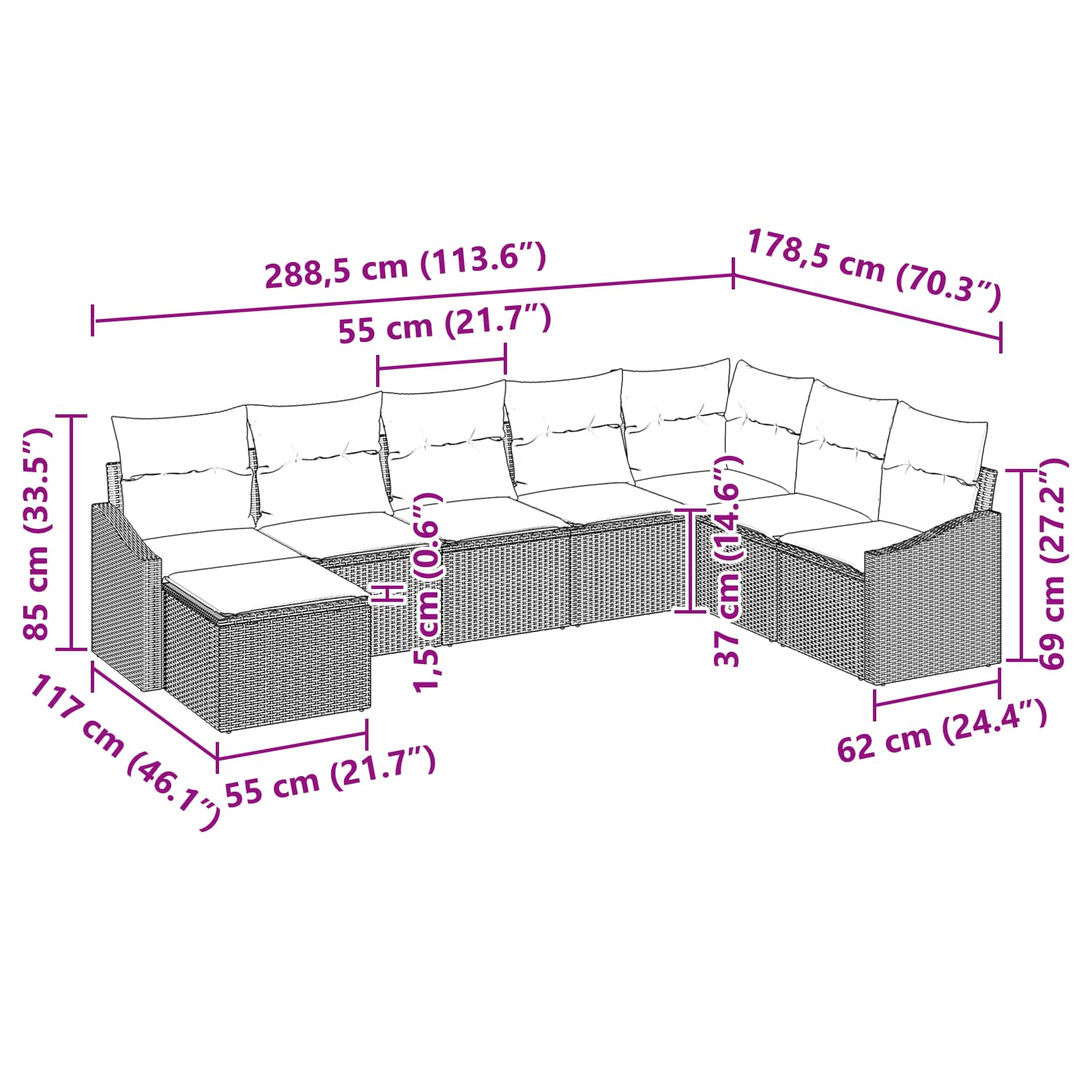 Σετ Καναπέ με μαξιλάρι 8 pcs Μαύρο συνθετικό ρατάν - Pakobazaar