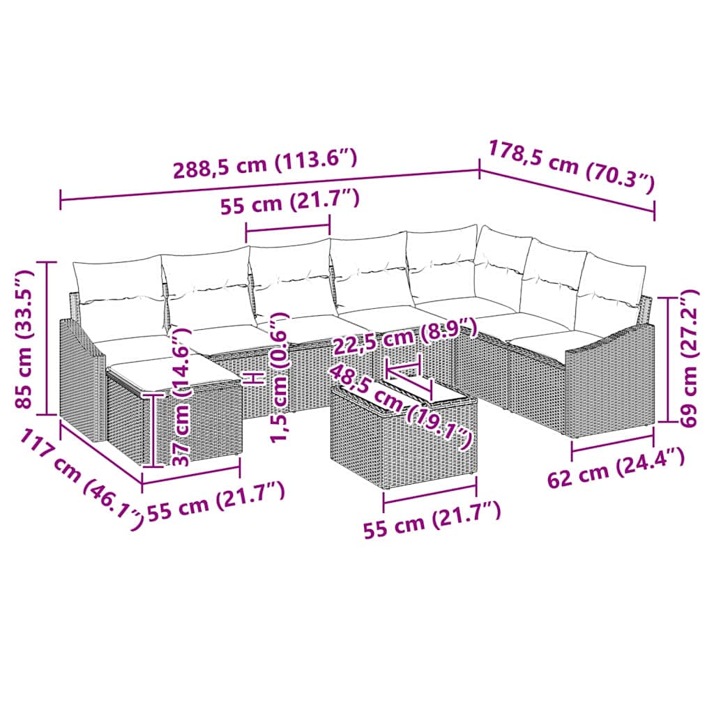 Σετ Καναπέ με μαξιλάρι 9 pcs Ανοιχτό γκρι συνθετικό ρατάν