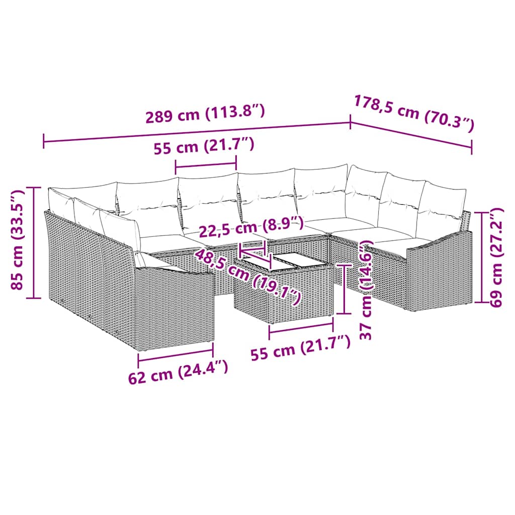 Σετ Καναπέ με μαξιλάρι 10 pcs Μαύρο συνθετικό ρατάν