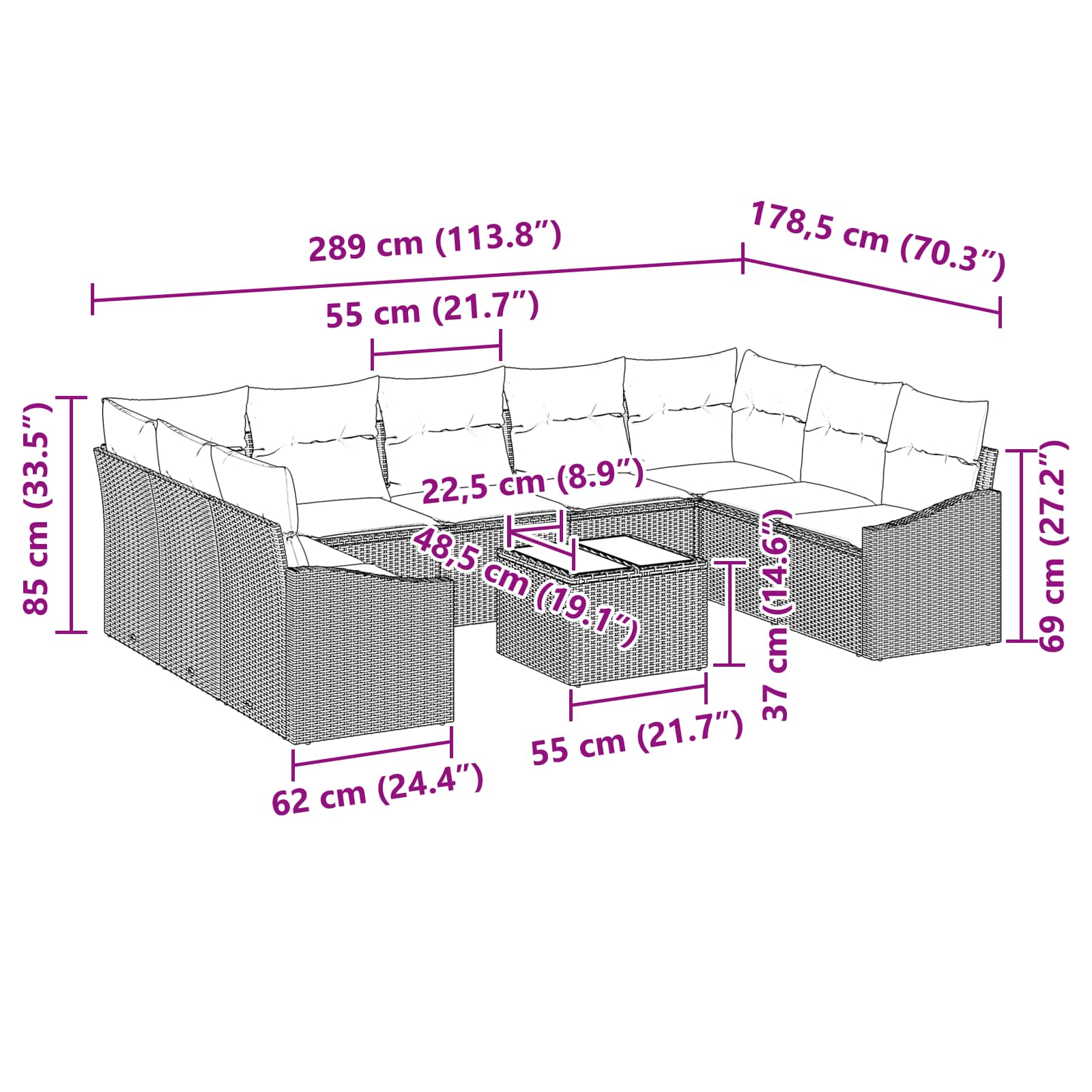 Σετ Καναπέ με μαξιλάρι 10 pcs Μαύρο συνθετικό ρατάν - Pakobazaar