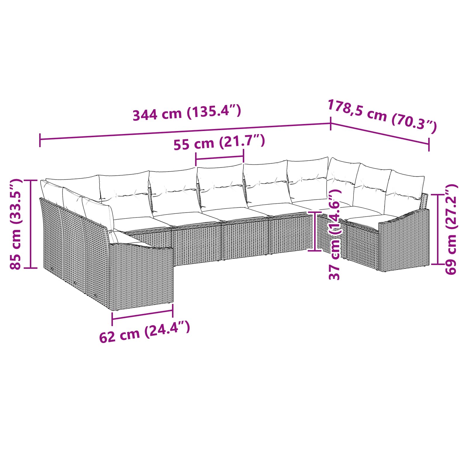 Σετ Καναπέ με μαξιλάρι 10 pcs Μαύρο συνθετικό ρατάν - Pakobazaar