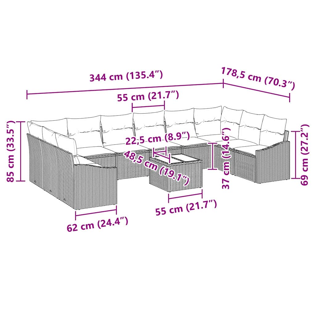Σετ Καναπέ με μαξιλάρι 11 pcs Καφέ συνθετικό ρατάν