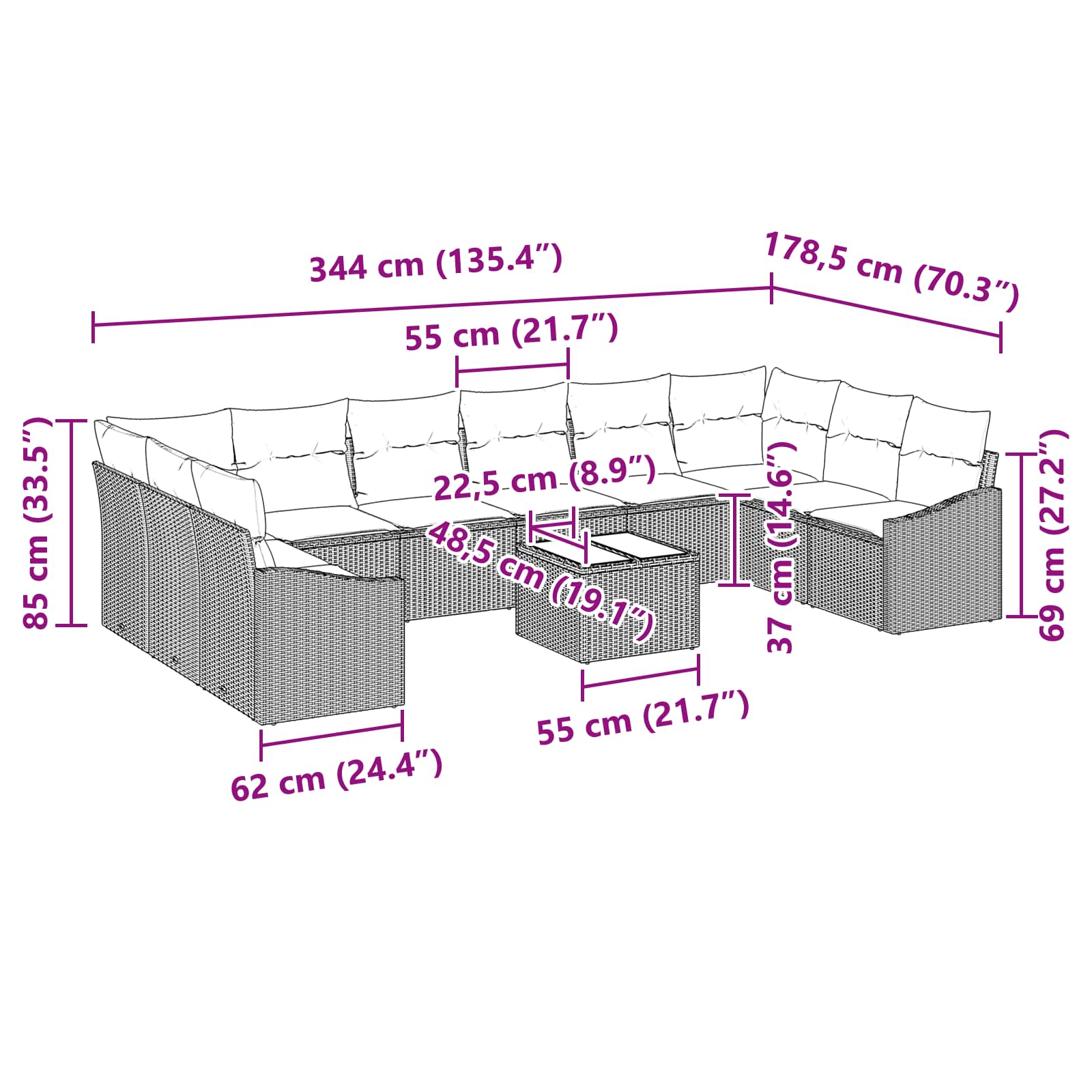 Σετ Καναπέ με μαξιλάρι 11 pcs Μαύρο συνθετικό ρατάν - Pakobazaar