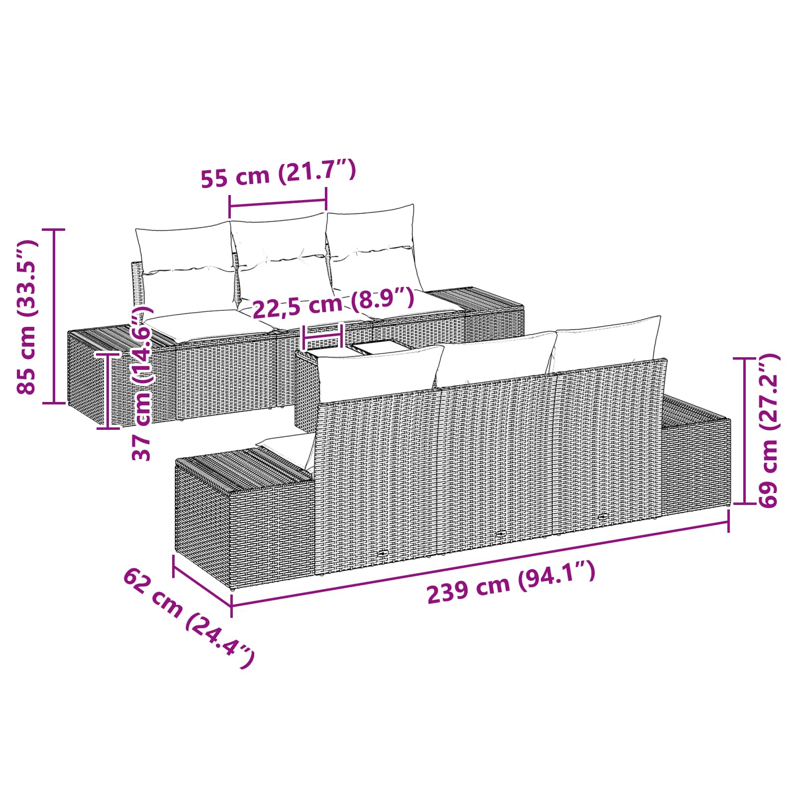 Σετ Καναπέ Κήπου με μαξιλάρι 7 pcs Καφέ συνθετικό ρατάν - Pakobazaar