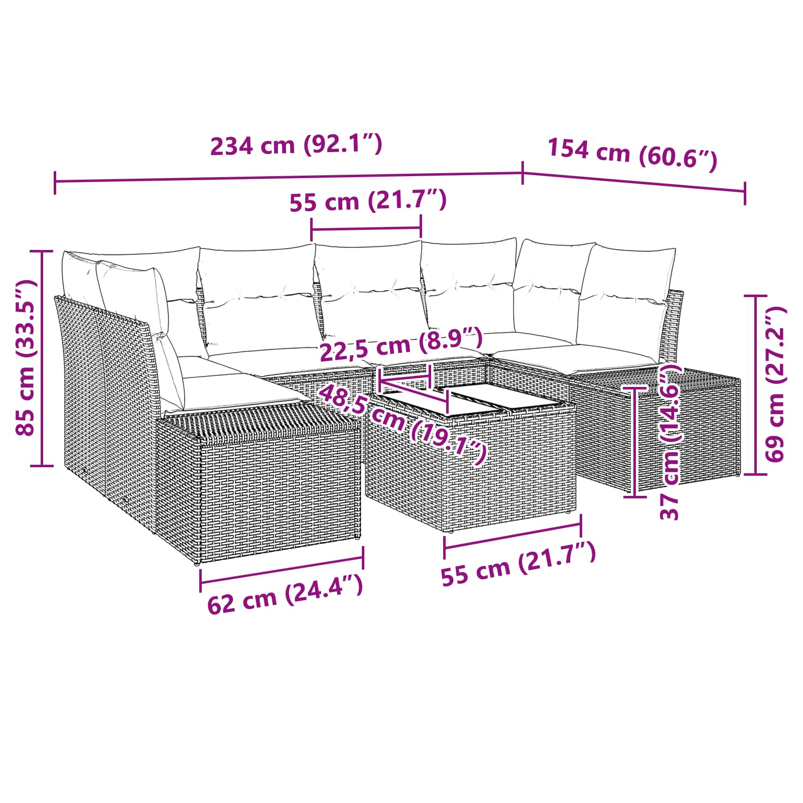 Σετ Καναπέ Κήπου με μαξιλάρι 7 pcs Καφέ συνθετικό ρατάν - Pakobazaar