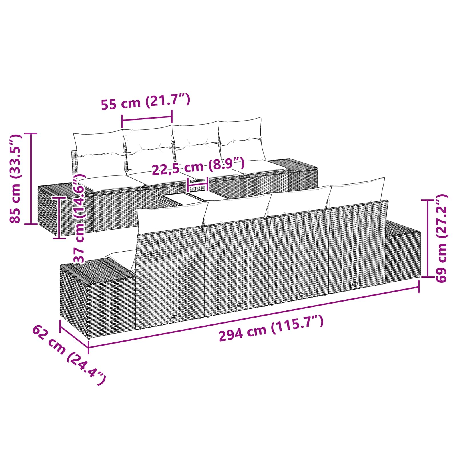 Σετ Καναπέ Κήπου με μαξιλάρι 9 pcs Καφέ συνθετικό ρατάν - Pakobazaar