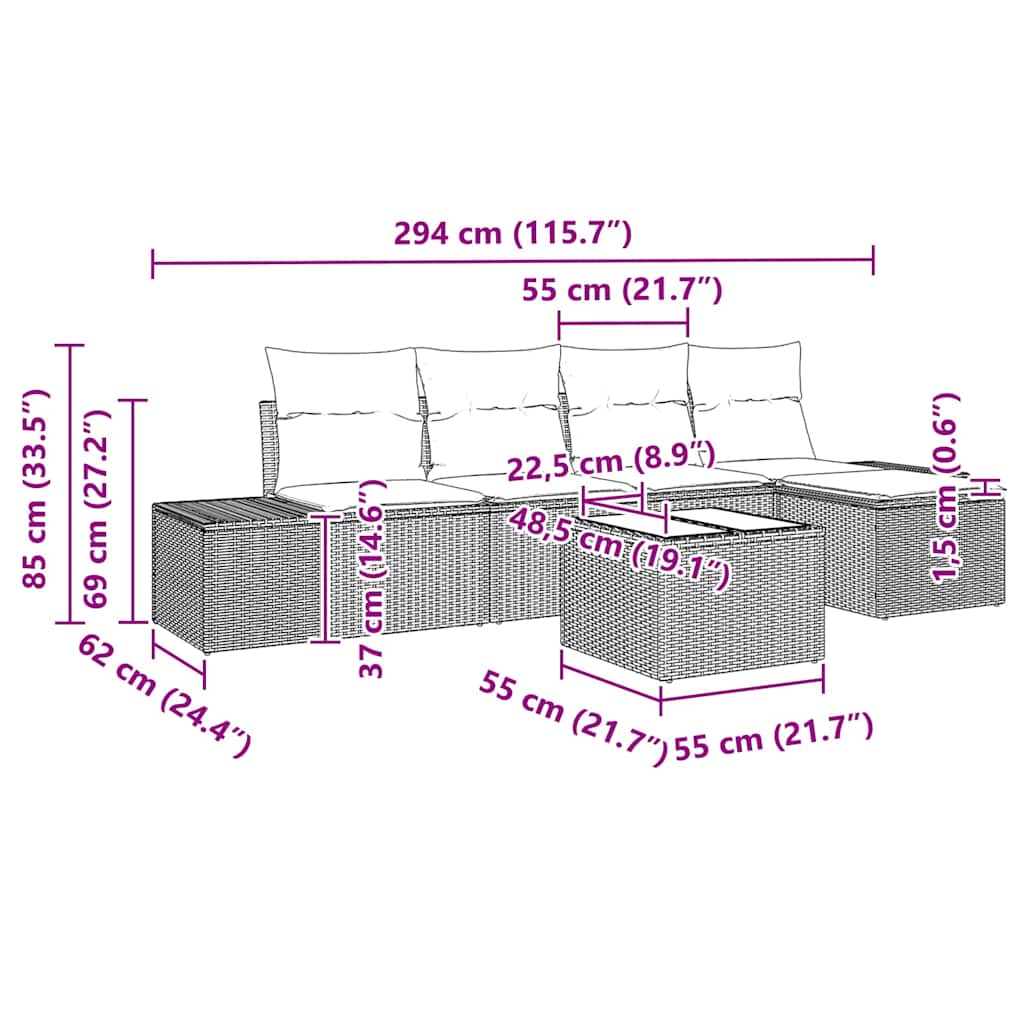 Σετ Καναπέ Κήπου με μαξιλάρι 6 pcs Καφέ συνθετικό ρατάν