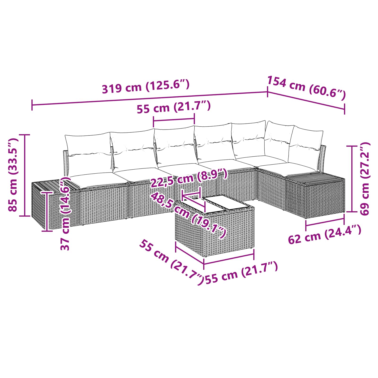 Σετ Καναπέ Κήπου με μαξιλάρι 7 pcs Καφέ συνθετικό ρατάν - Pakobazaar