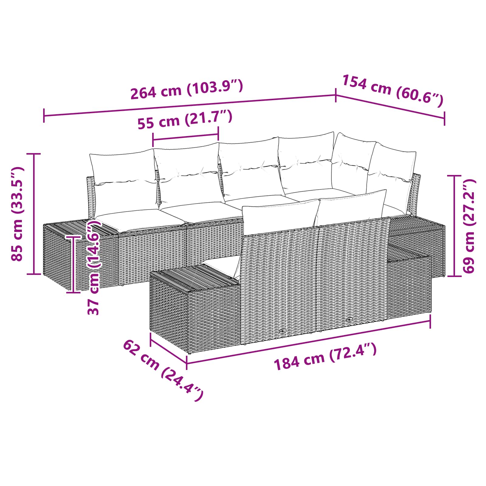Σετ Καναπέ Κήπου με μαξιλάρι 7 pcs Καφέ συνθετικό ρατάν - Pakobazaar