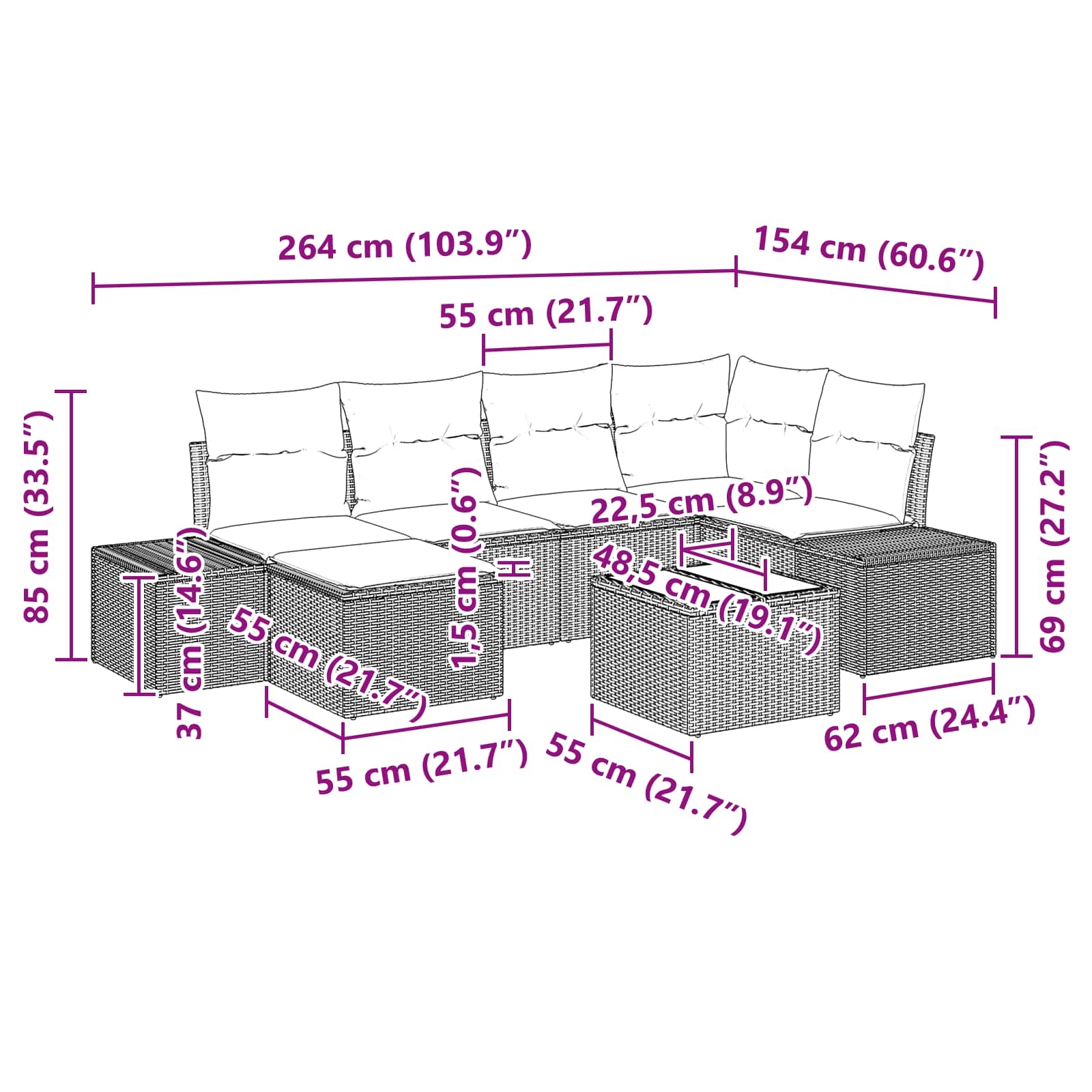 Σετ Καναπέ Κήπου με μαξιλάρι 7 pcs Καφέ συνθετικό ρατάν - Pakobazaar