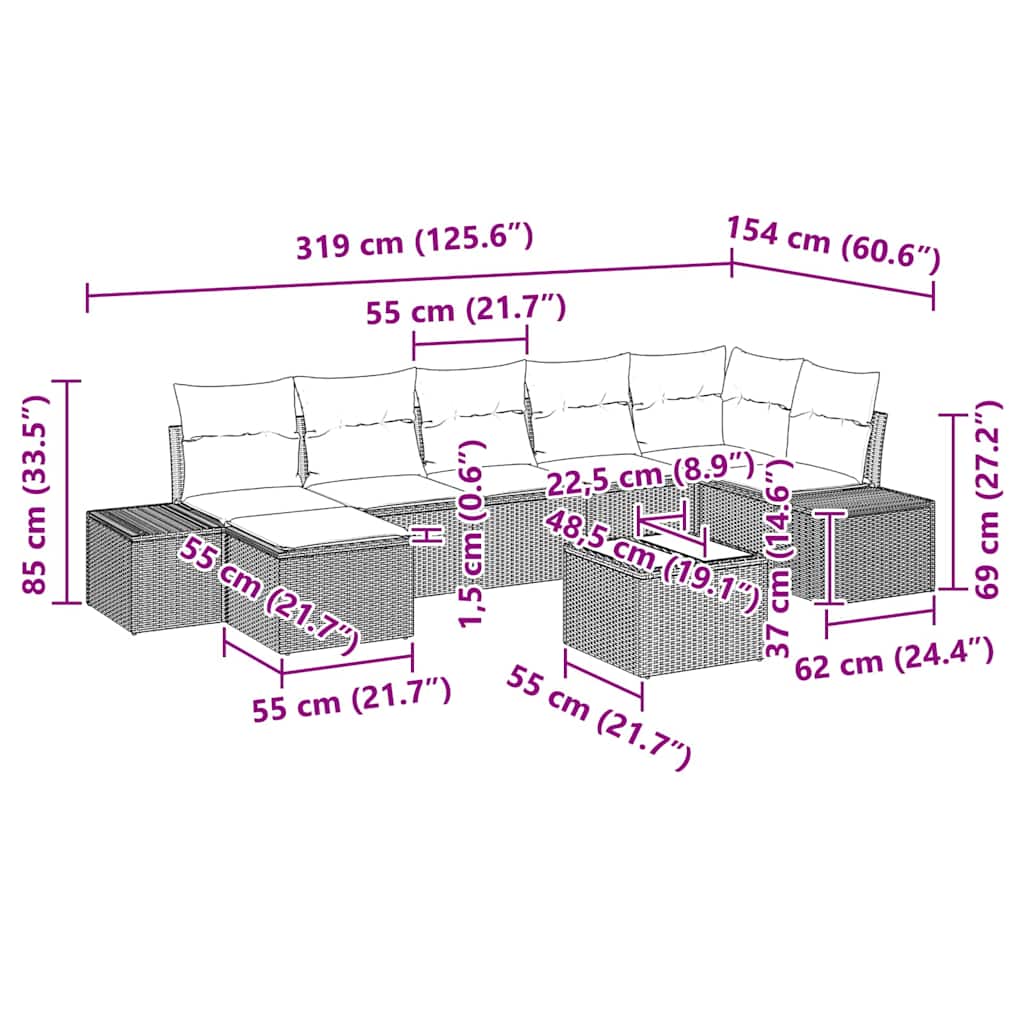 Σετ Καναπέ Κήπου με μαξιλάρι 8 pcs Μπεζ συνθετικό ρατάν