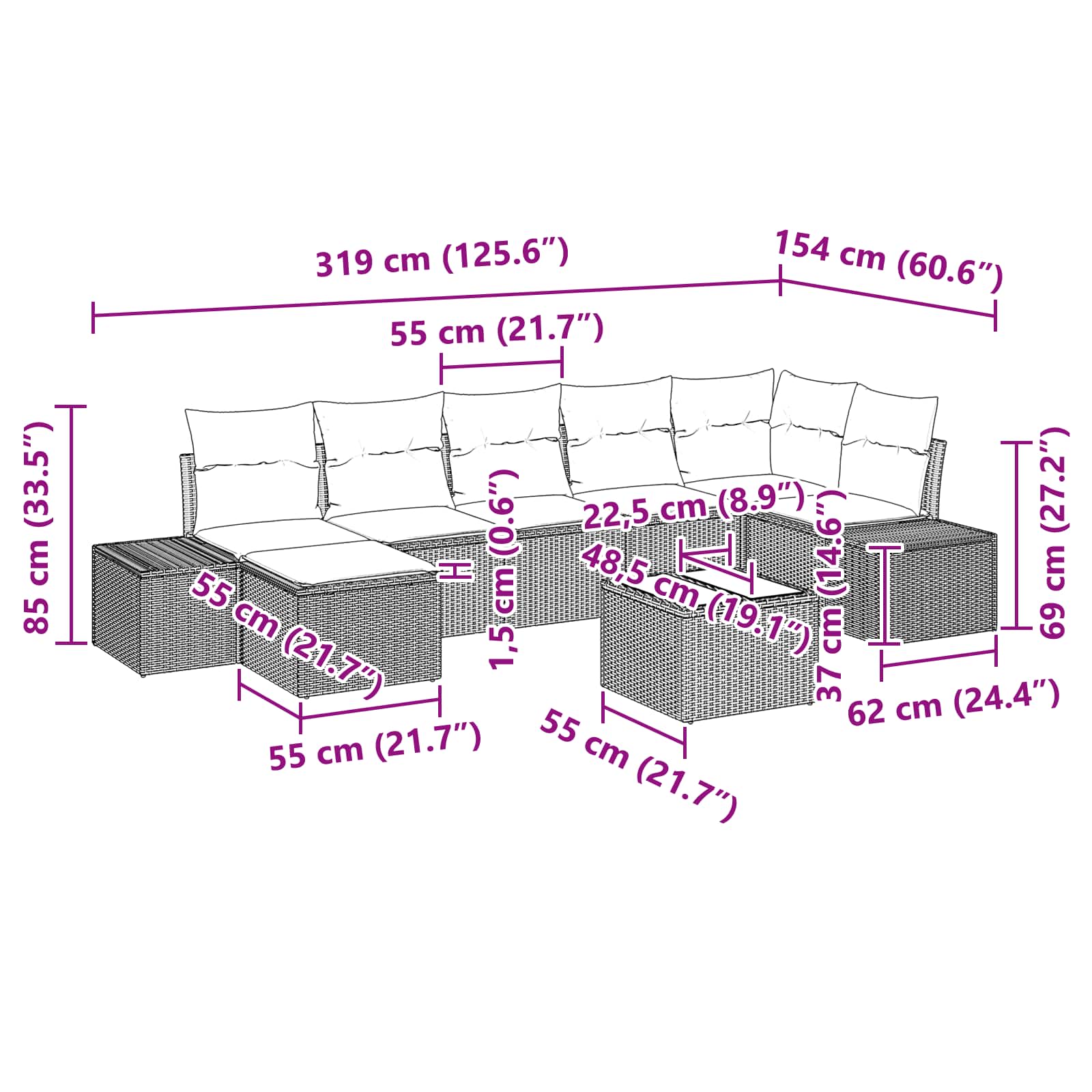 Σετ Καναπέ Κήπου με μαξιλάρι 8 pcs Καφέ συνθετικό ρατάν - Pakobazaar