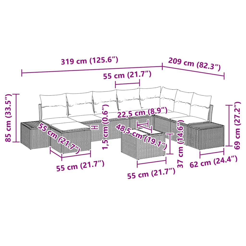 Σετ Καναπέ Κήπου με μαξιλάρι 9 pcs Καφέ συνθετικό ρατάν