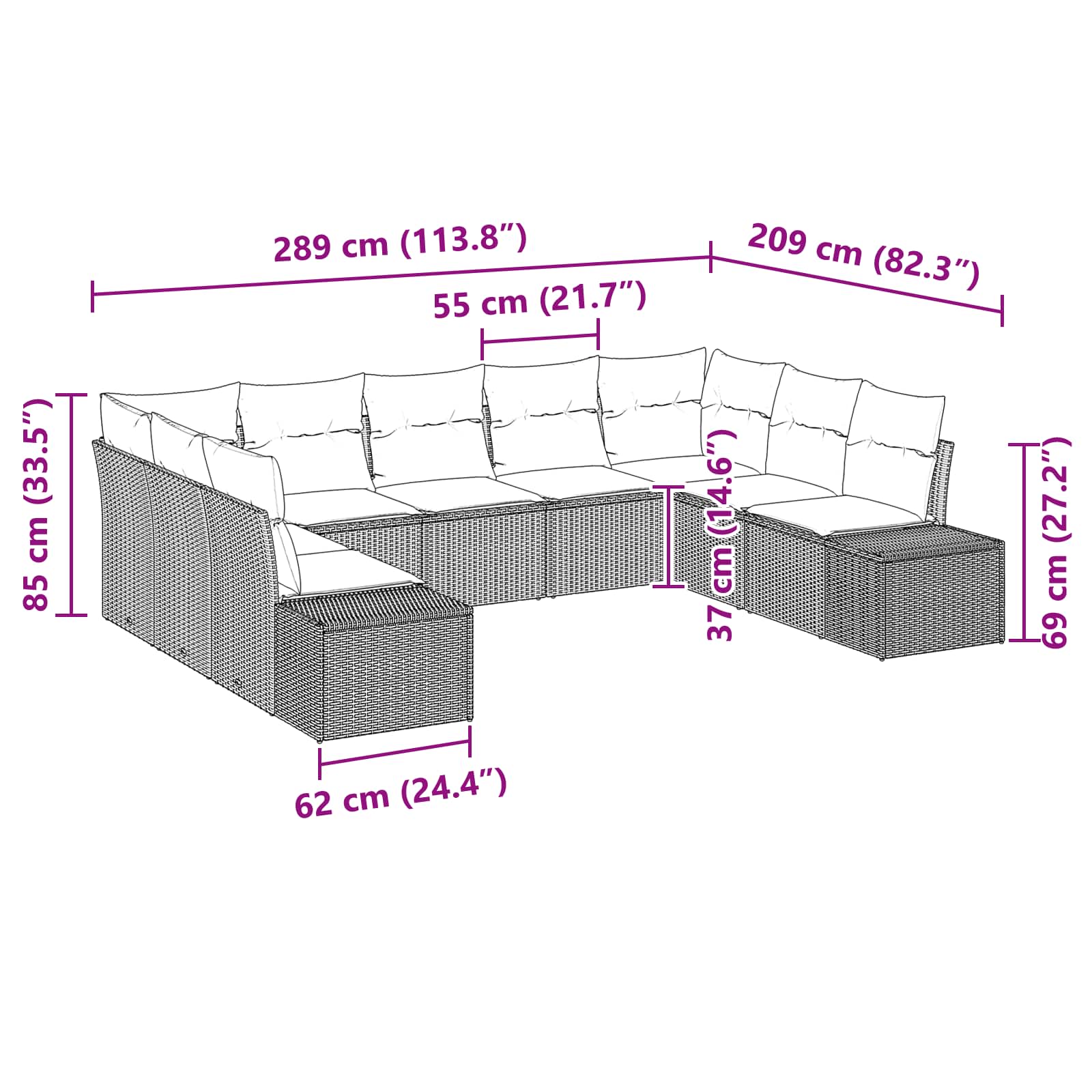 Σετ Καναπέ Κήπου με μαξιλάρι 9 pcs Καφέ συνθετικό ρατάν - Pakobazaar