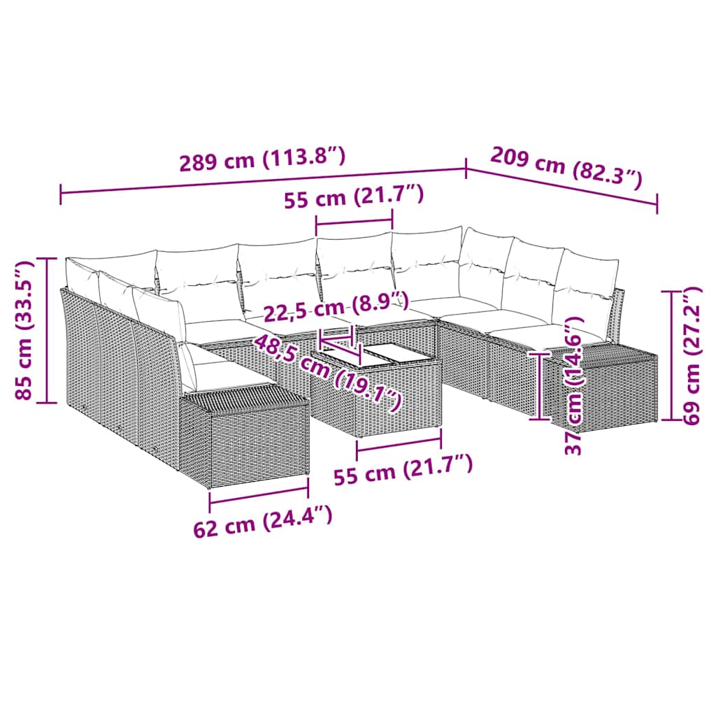 Σετ Καναπέ Κήπου με μαξιλάρι 10 pcs Μαύρο συνθετικό ρατάν - Pakobazaar