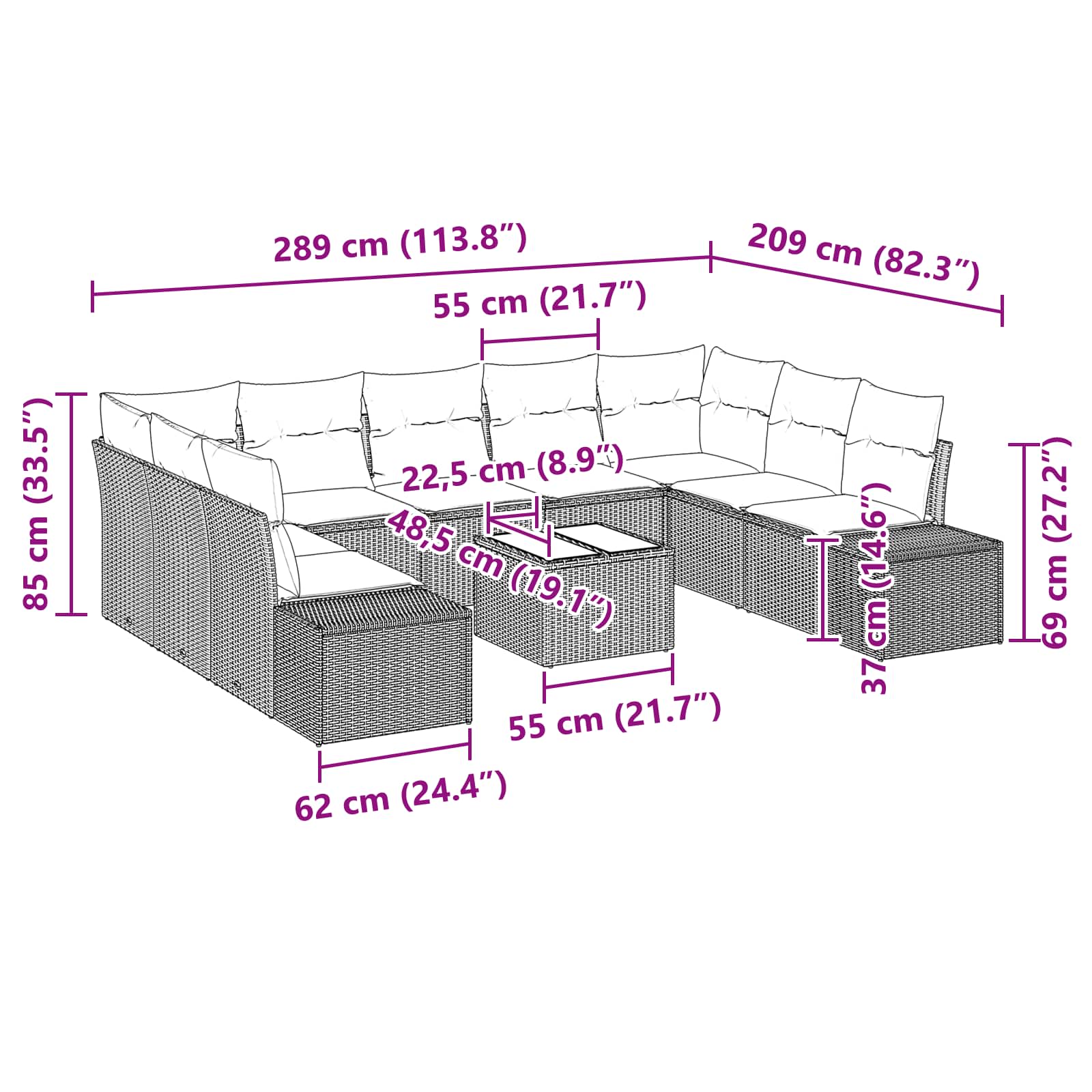 Σετ Καναπέ Κήπου με μαξιλάρι 10 pcs Καφέ συνθετικό ρατάν - Pakobazaar